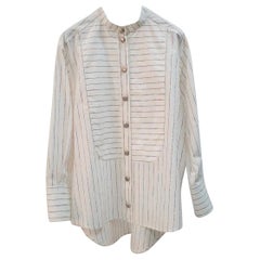Chanel White Striped Collarless Shirt