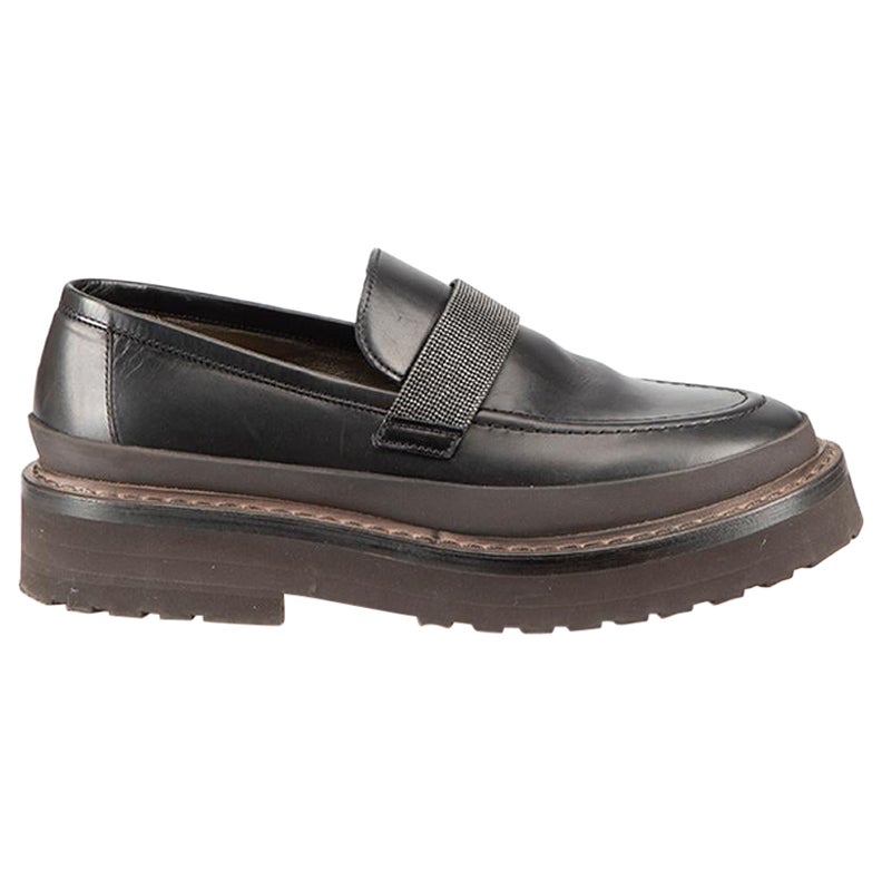 Brunello Cucinelli Black Leather Monili Strap Platform Loafers Size IT 36