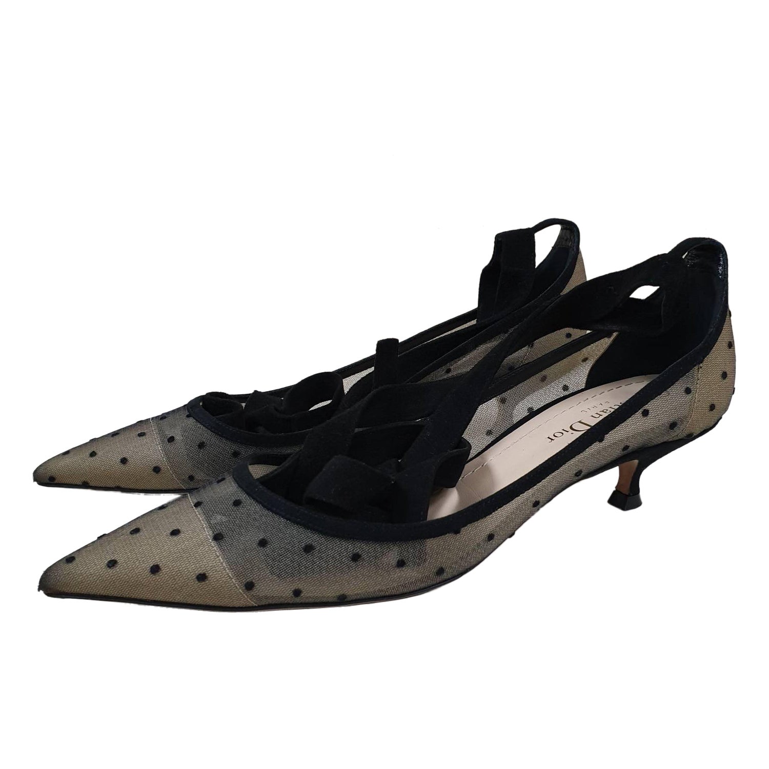 Dior Black Mesh And Suede Lovely D Polka Dot Ankle Wrap Pointed Toe Pumps For Sale