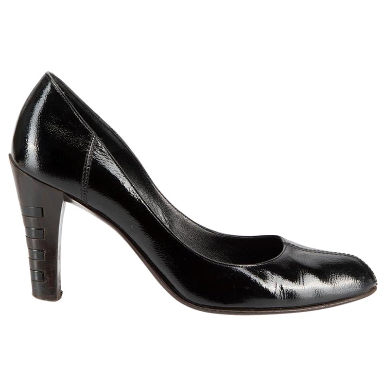 Salvatore Ferragamo Black Patent Leather Wooden Heel Pumps Size US 8 For Sale
