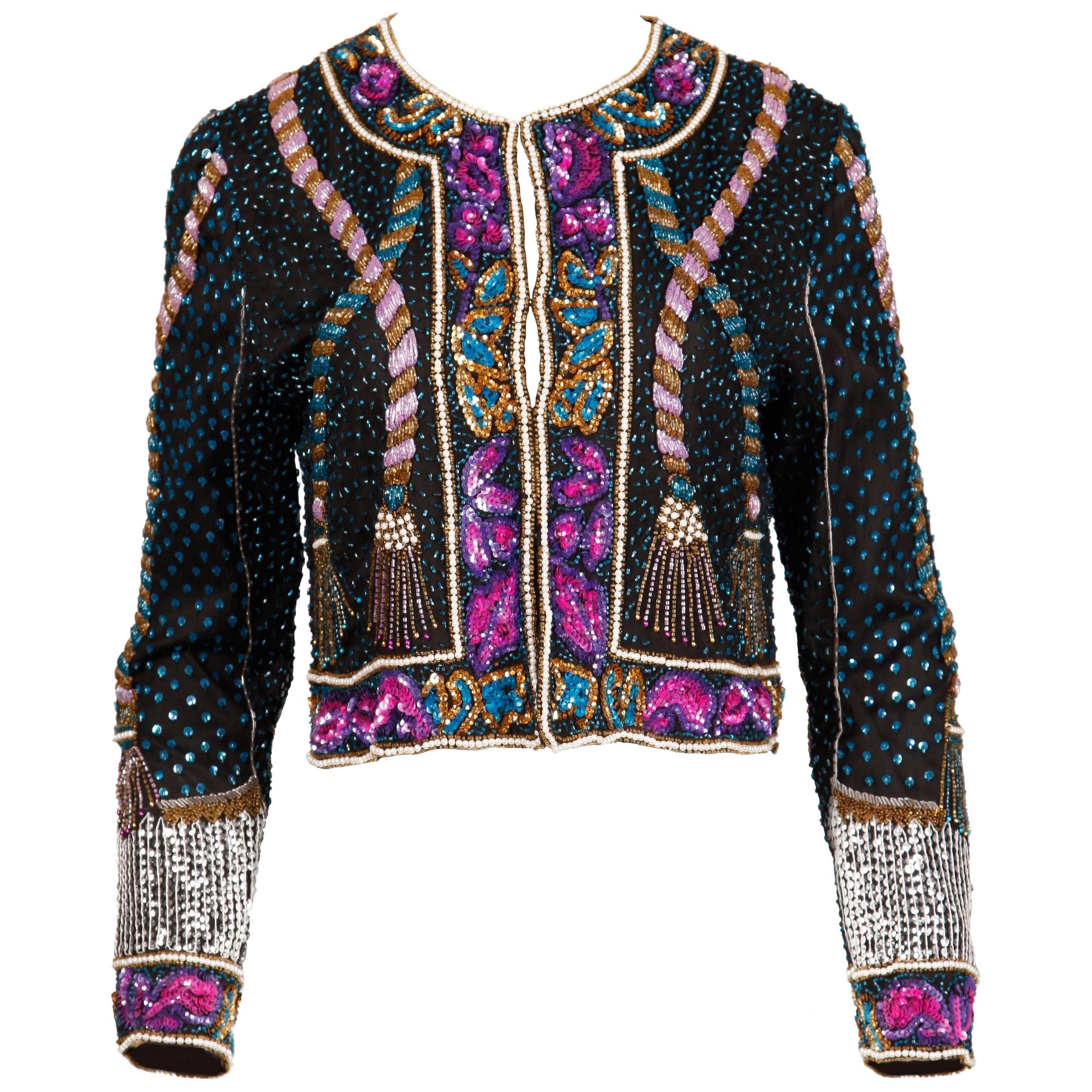 Unworn with Tags Vintage Beaded + Sequin Silk Trophy Jacket with Tassel Design