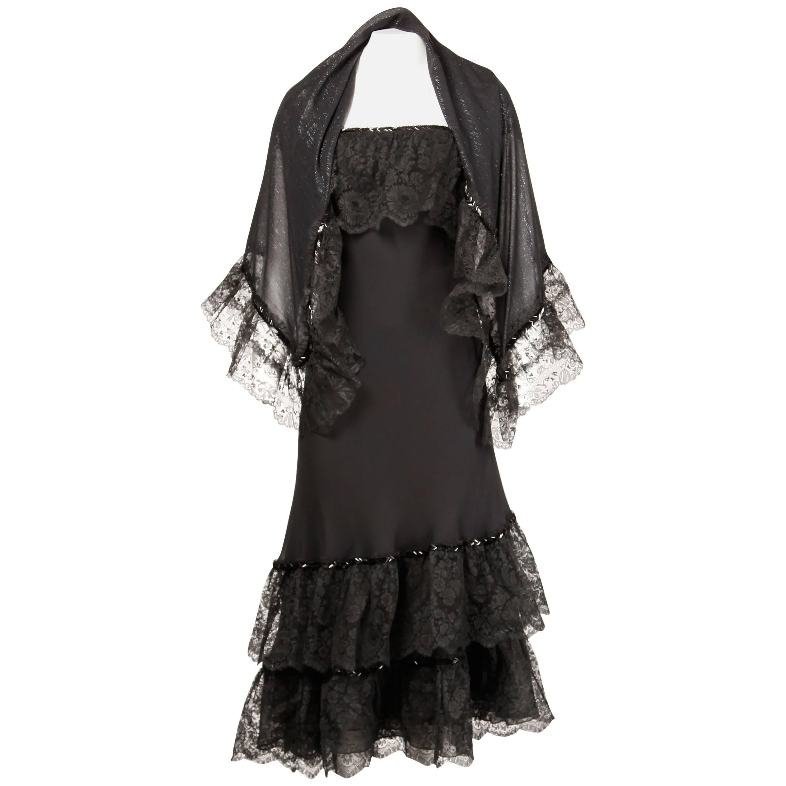 Stavropoulos 1970s Vintage Black Beaded Silk Lace Dress + Wrap 2-Piece Ensemble For Sale