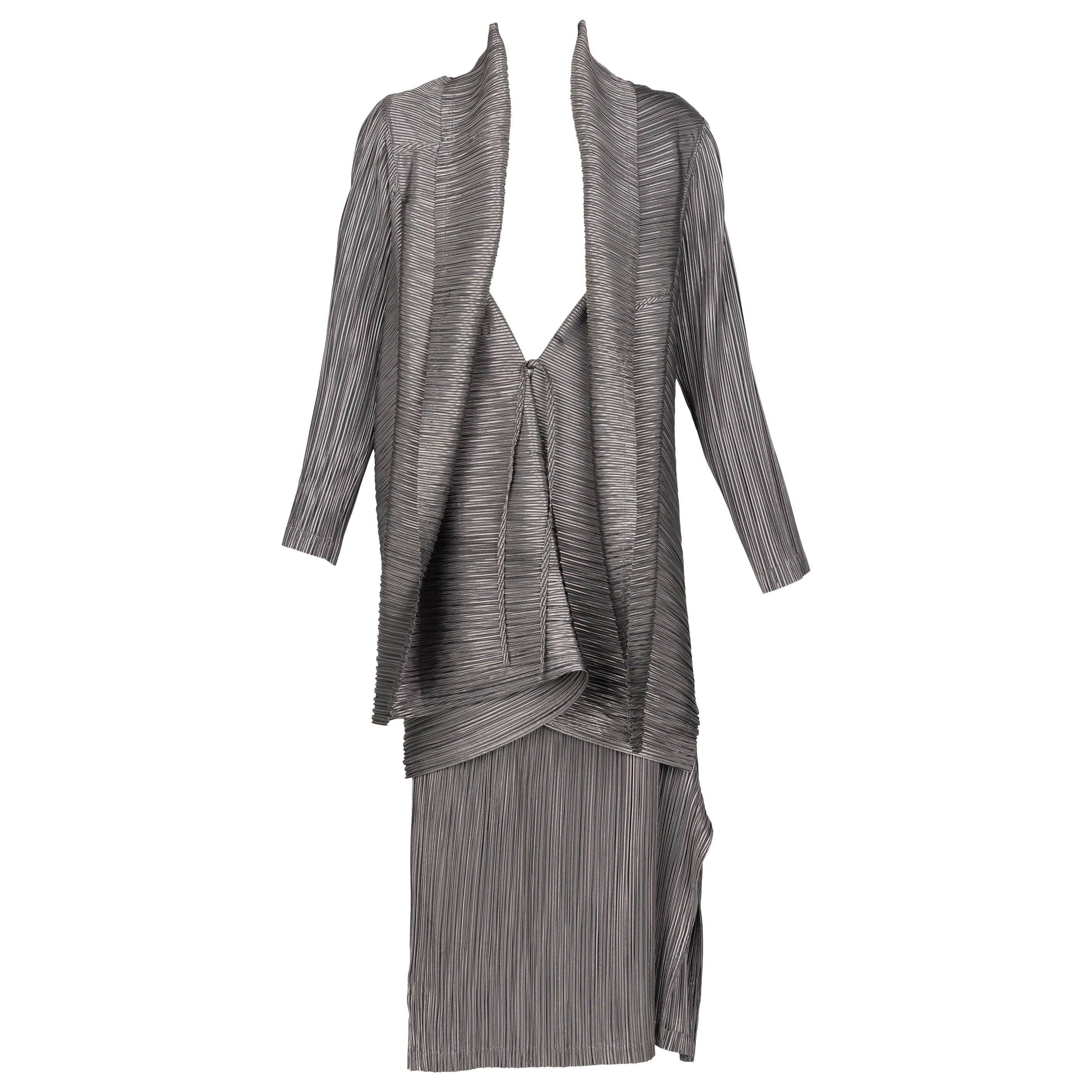 Vintage Issey Miyake Metallic Kimono Jacket Origami Pleats Skirt Set For Sale