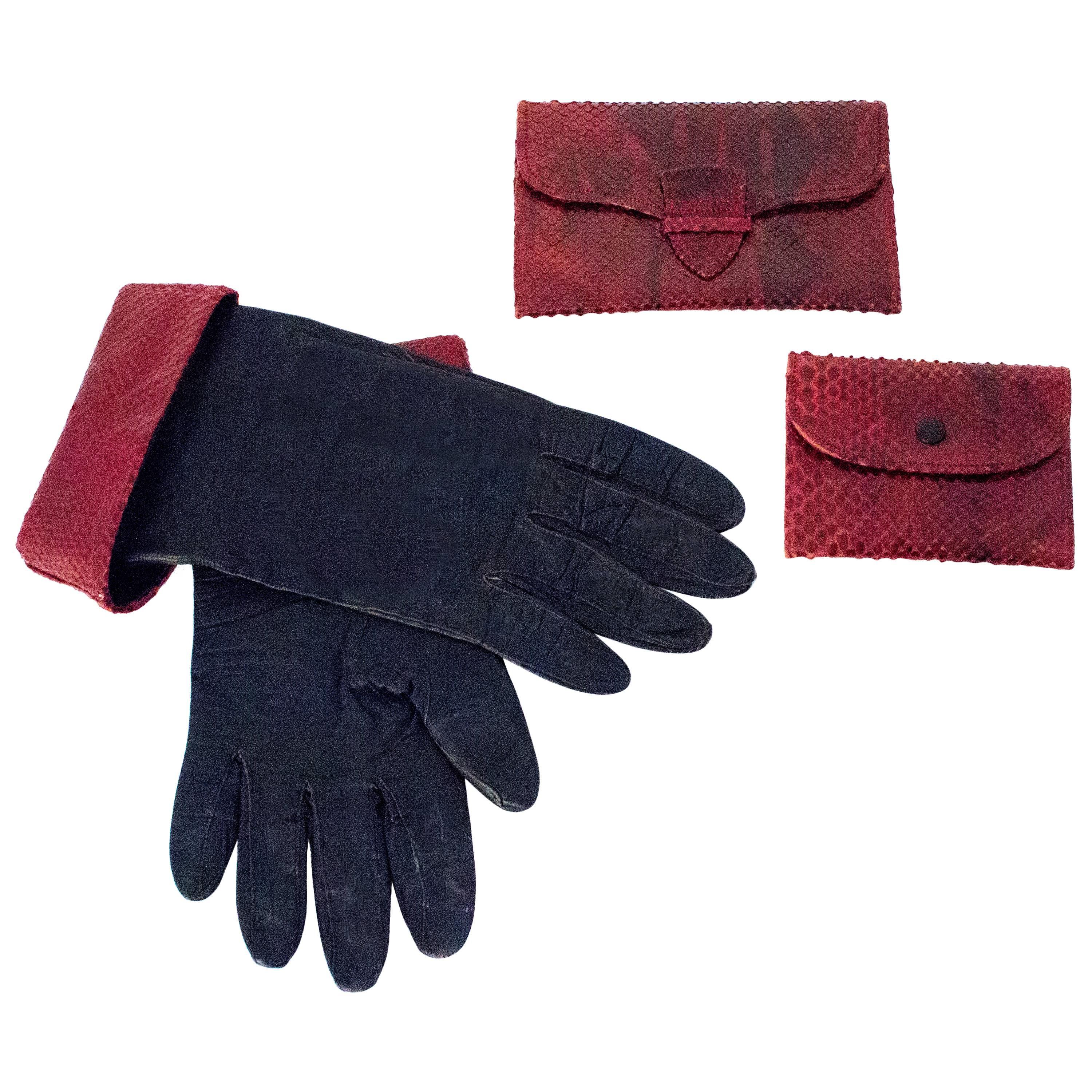 50s Burgundy Snake Trimmed Gloves, Wallet & Coin Purse Set 