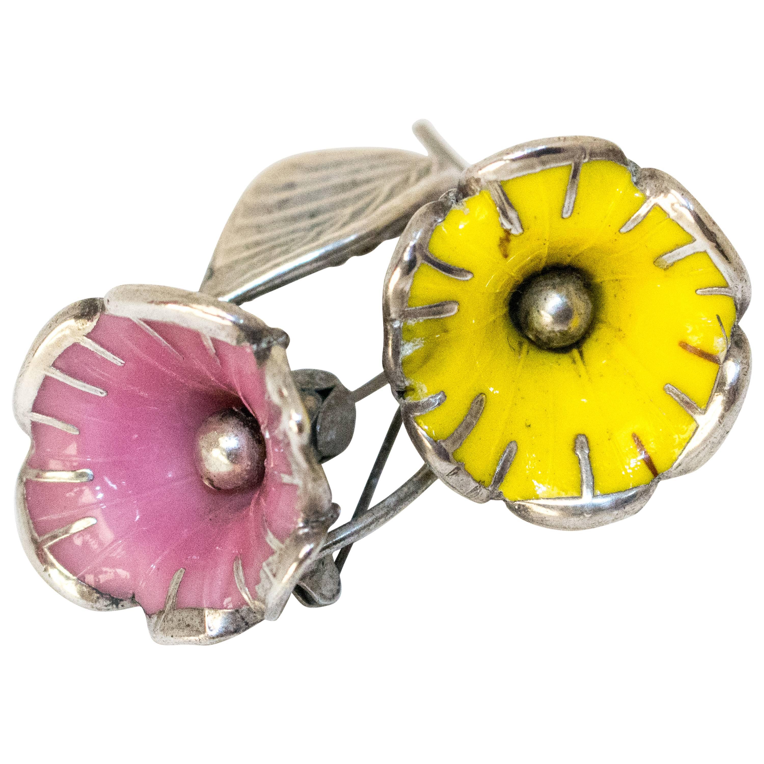 40s Sterling Silver Flower Brooch with Yellow & Pink Enamel Petals