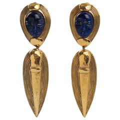 Guy Laroche Paris Signed Clip on Earrings Dangling Shape Carved Lapis Stone 11