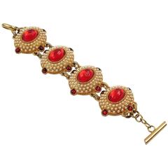 French Designer Chantal Thomass Paris signed Jeweled Link Bracelet Red Cabochon 1