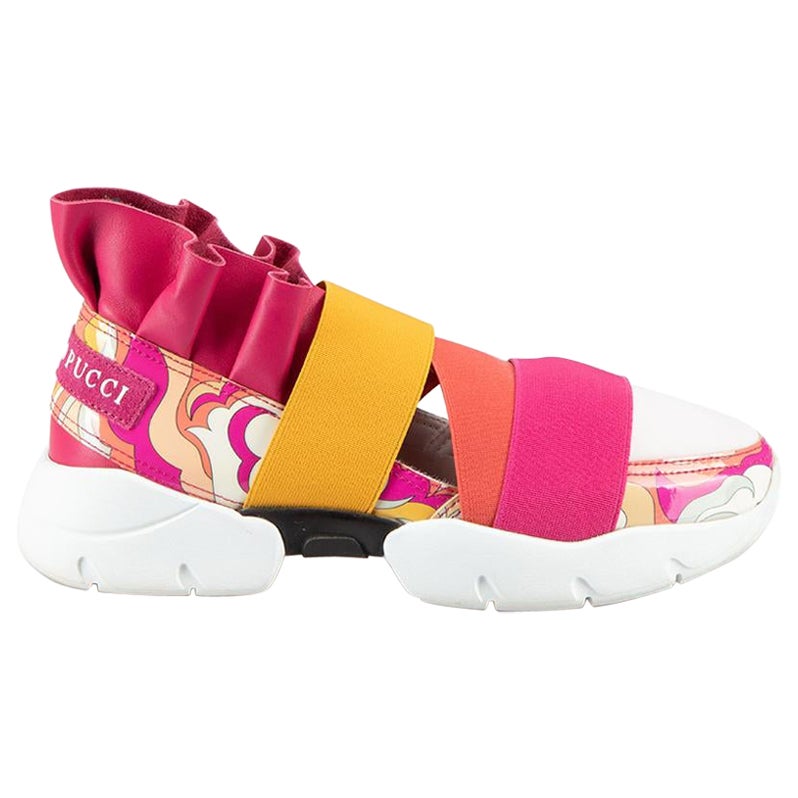 Emilio Pucci Pink & Yellow Leather Ruffle Trim Trainers Size IT 36 For Sale