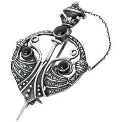 40s Onyx, Marcasite and Sterling Silver Brooch Pendant