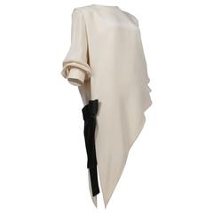 Pierre Cardin Ivory Silk Asymmetrical Blouse with Black Bow 
