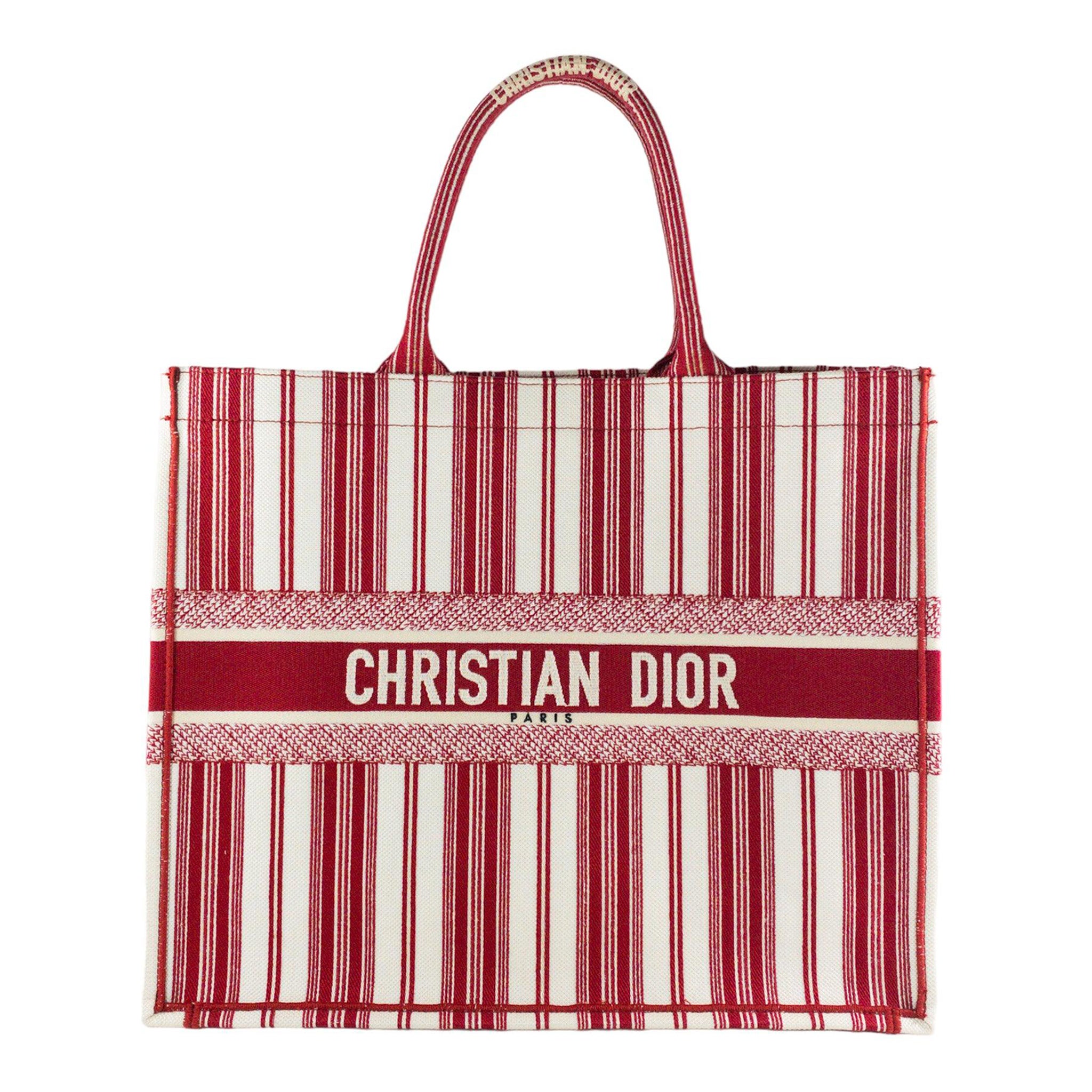 Dior Red Striped Embroidered Large Book Tote  For Sale