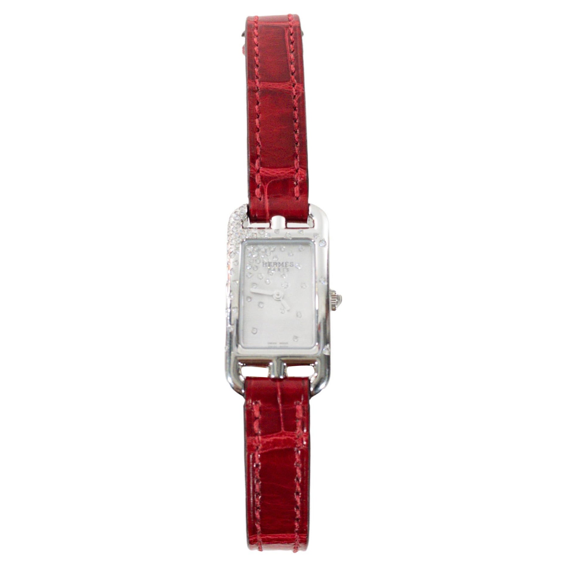 Hermes Braise Alligator Watch with Diamonds For Sale
