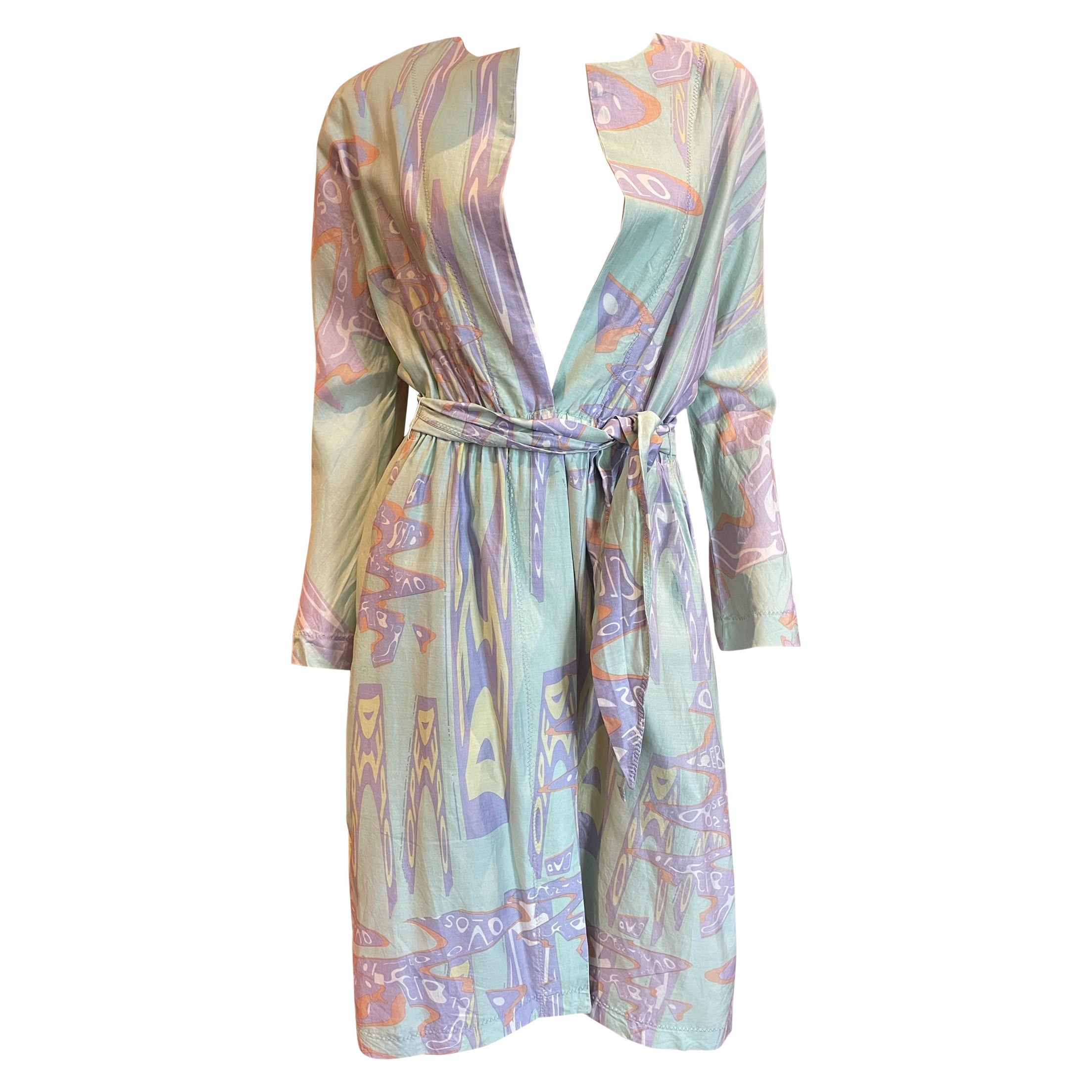 Stephen Burrows Pastel Abstract Print Silk Long Sleeve Wrap Dress with Belt   For Sale