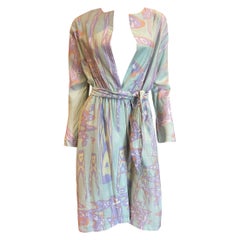 Stephen Burrows Pastel Abstract Print Silk Long Sleeve Wrap Dress with Belt  