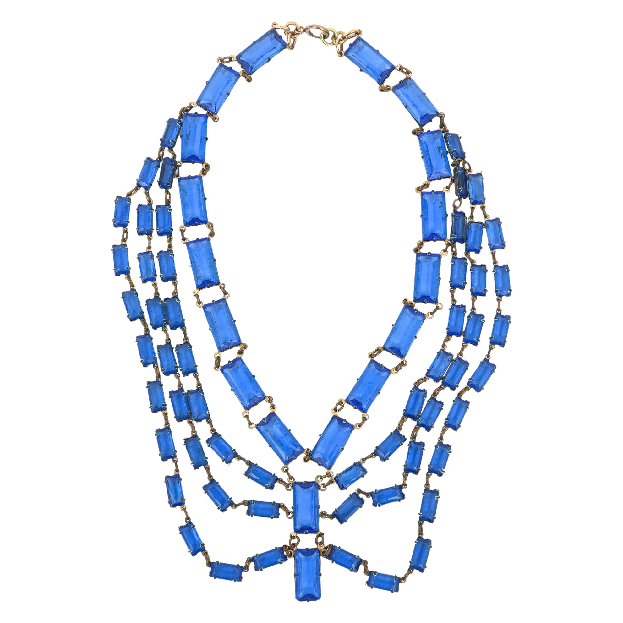 Art Deco Cerulean Blue Glass Multi Strand Drop Necklace For Sale