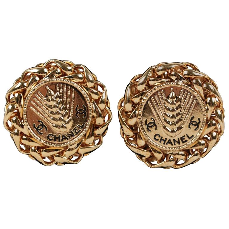 CHANEL Vintage Gold Metal WHEAT SHEAF Round CLIP ON EARRINGS at 1stDibs   chanel wheat brooch, chanel wheat earrings, chanel vintage gold earrings