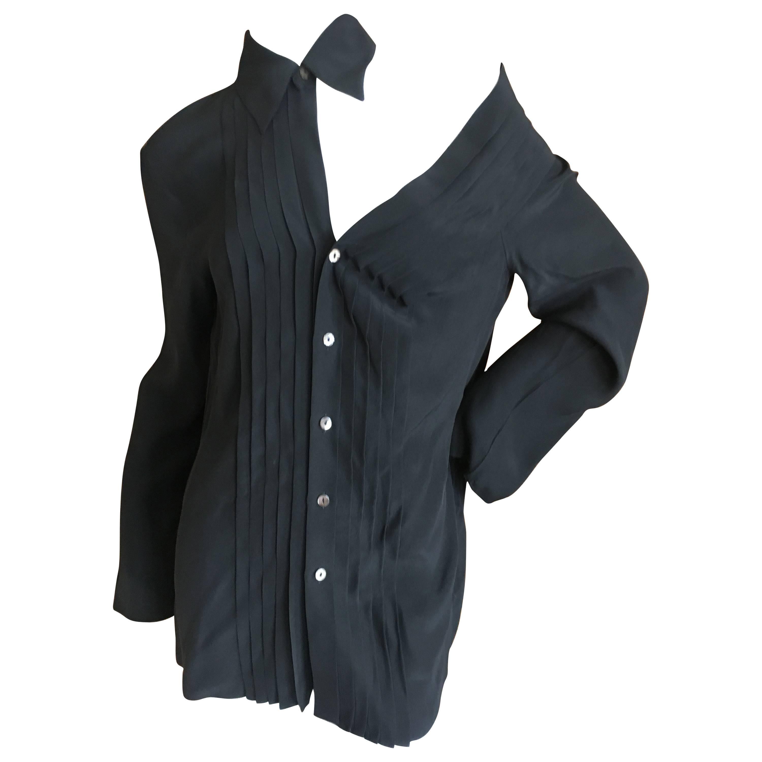 Jean Paul Gaultier Femme Black Silk Tuxedo Shirt with Cut Away Exposed Shoulder