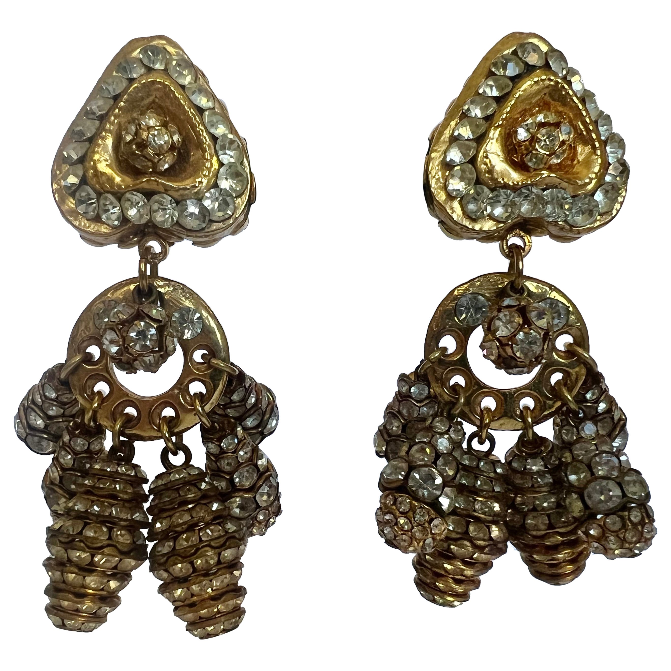 Vintage Gilt Heart Strass "Rhinestone" Dangle Earrings  For Sale