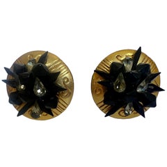 Retro Kalinger Paris Gold and Black Crystal Earrings 