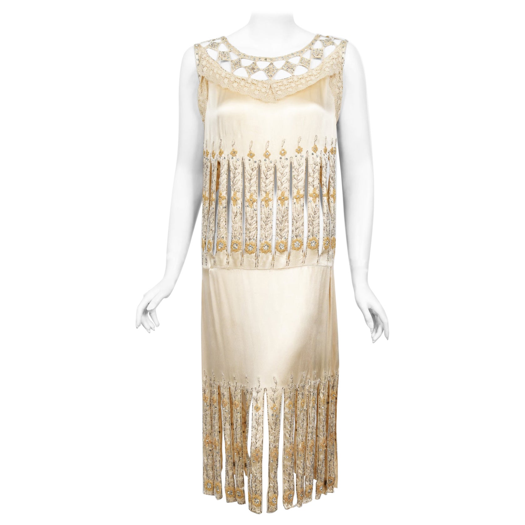 Vintage 1920s Beaded Rhinestone Cream Silk Birdcage Cut-Out Fringe Flapper Dress