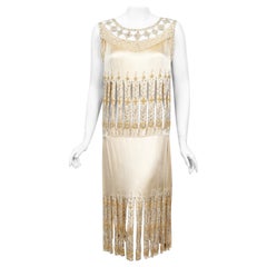 Vintage 1920s Beaded Rhinestone Cream Birdcage Silk Cut-Out Fringe Flapper Dress