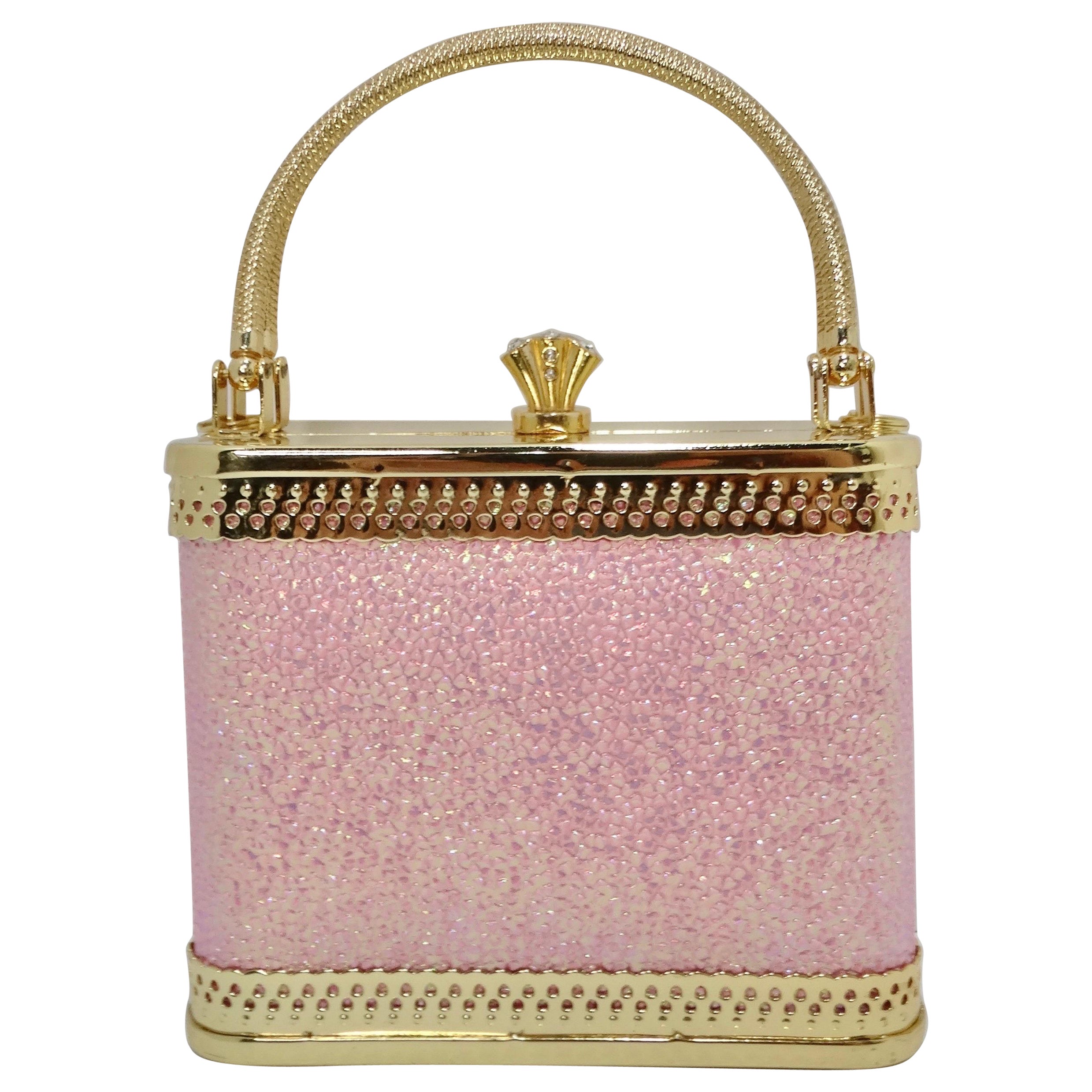 Colleen Lopez Pink and Gold Plated Minaudière Bag  For Sale