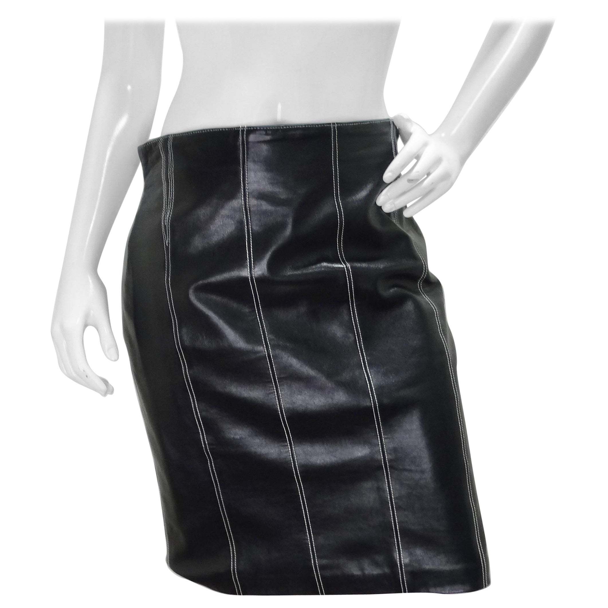 Vintage Escada Black Leather Pencil Skirt For Sale