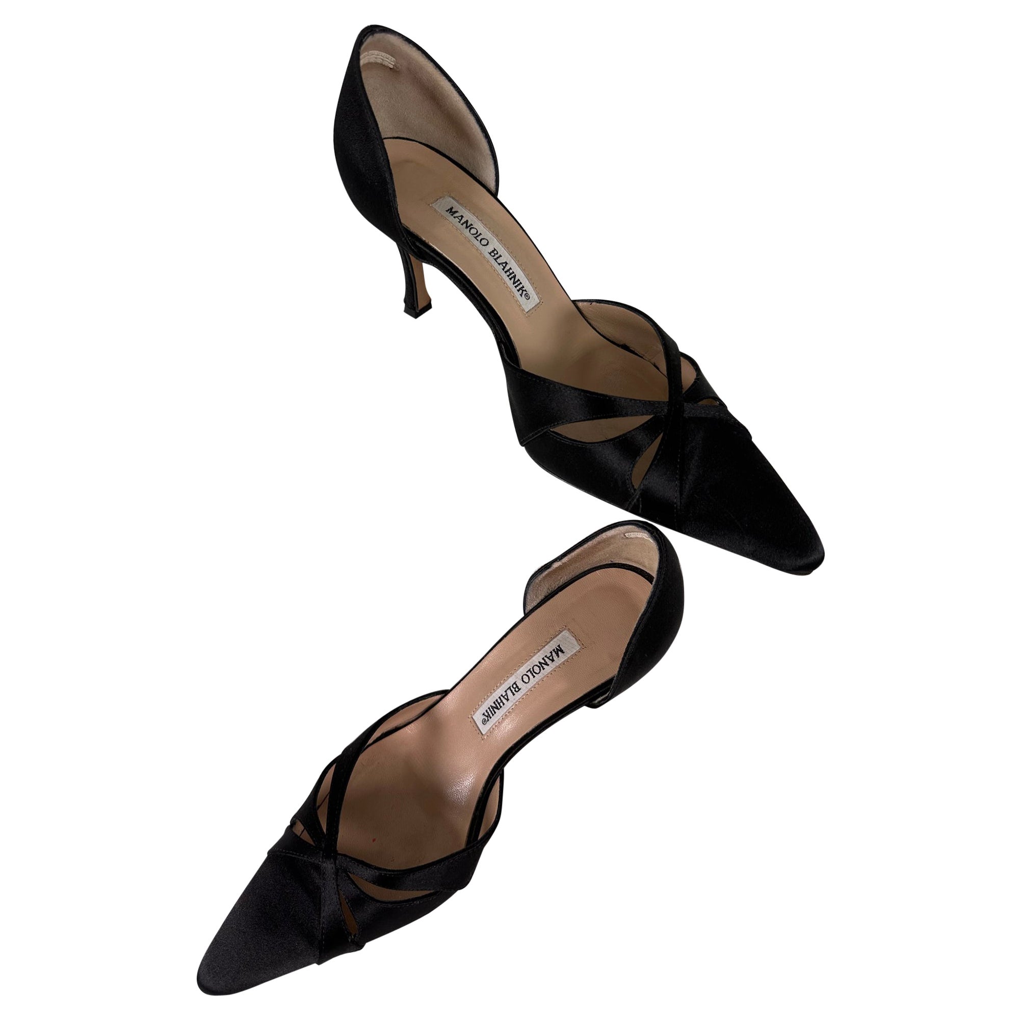 Manolo Blahnik Black Satin Butterfly D'Orsay High Heel Pumps 37 1/2 For Sale