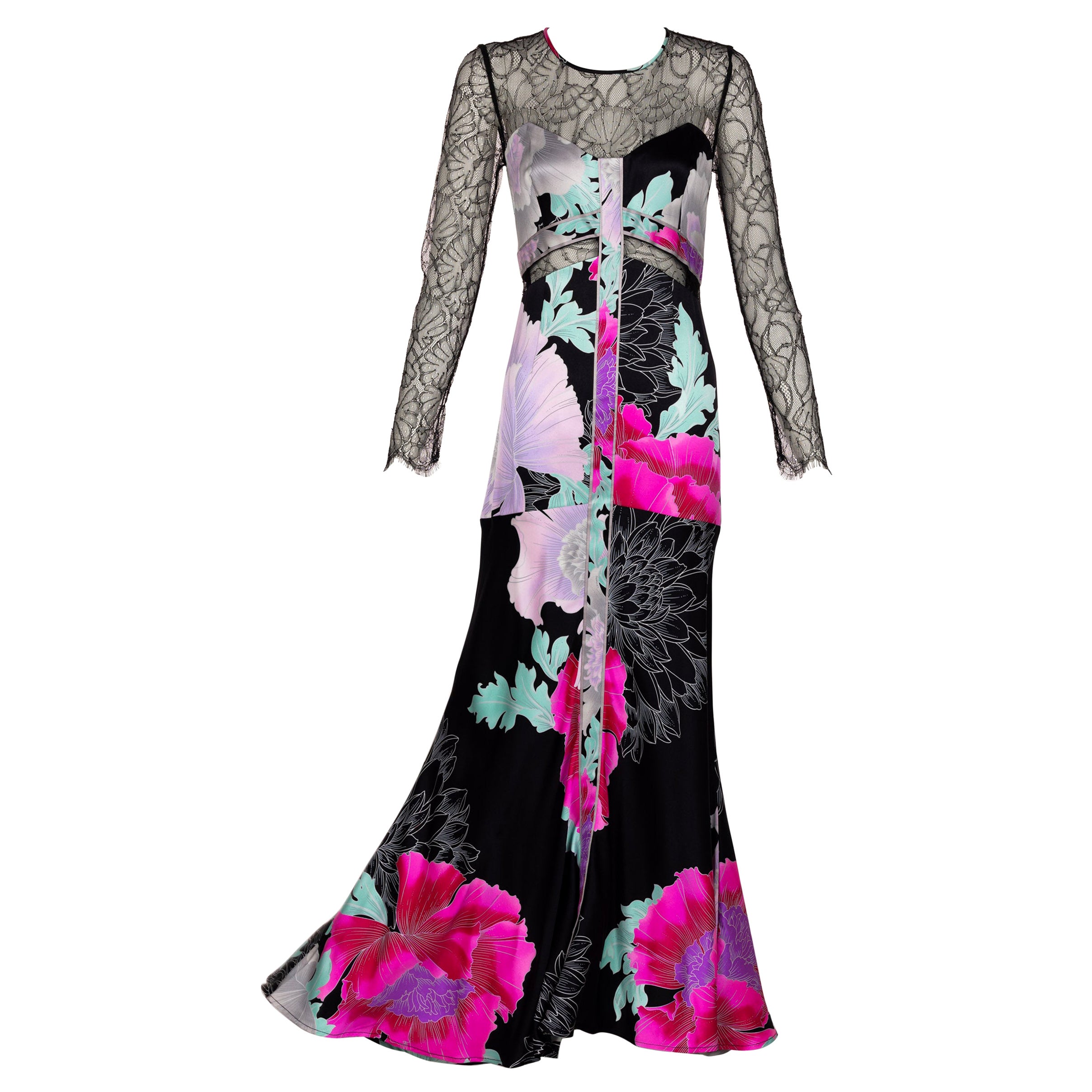  Leonard Paris Floral Silk Lace Inset Maxi Dress, 1990s For Sale