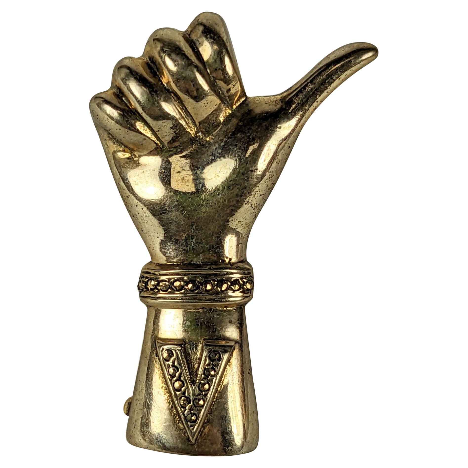 Sterling Vermeil "Victory" Hand Brooch For Sale