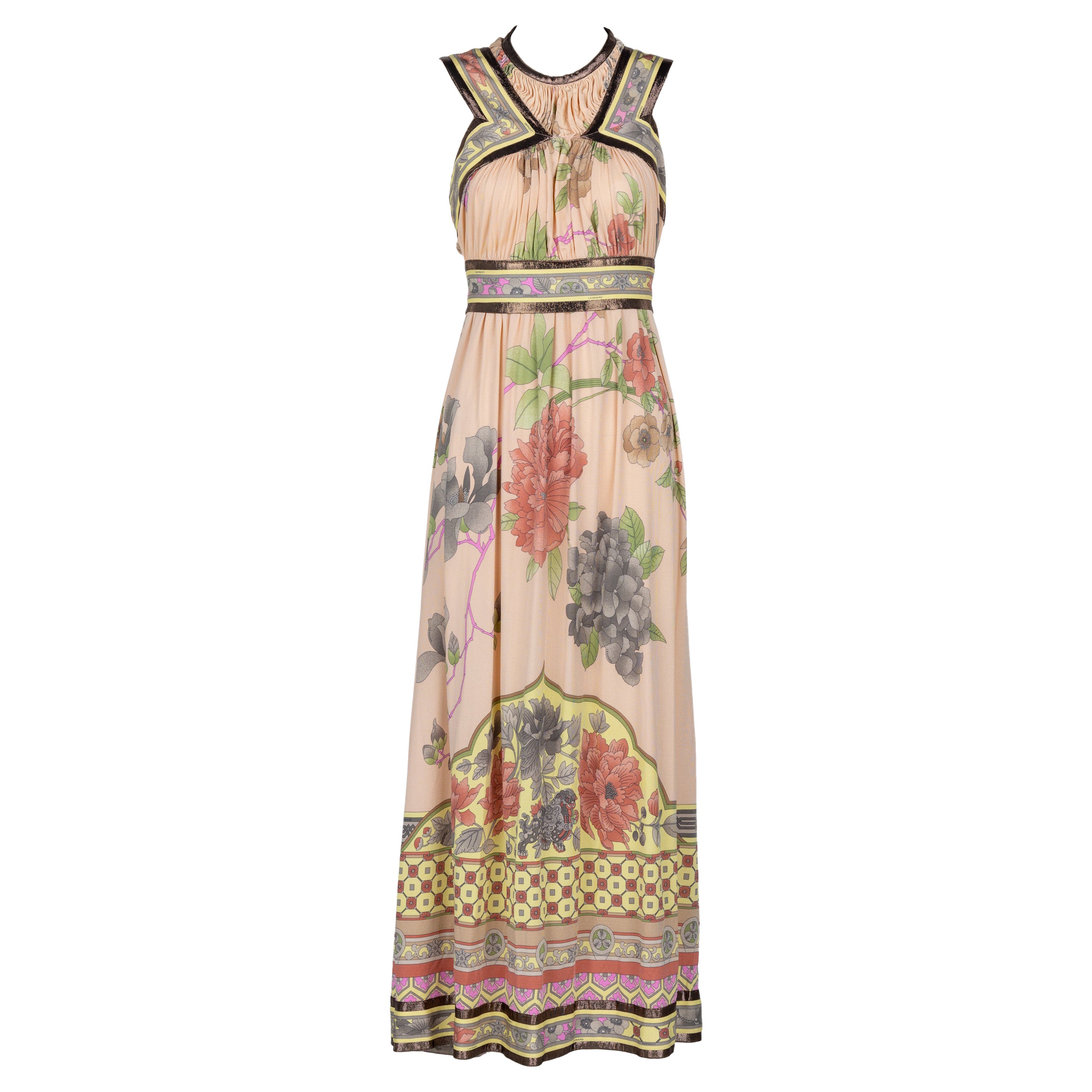 Leonard Paris Pink Mikado Floral Print Silk Metallic Trim Maxi Dress For Sale