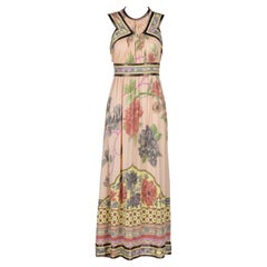 Vintage Leonard Paris Pink Mikado Floral Print Silk Metallic Trim Maxi Dress