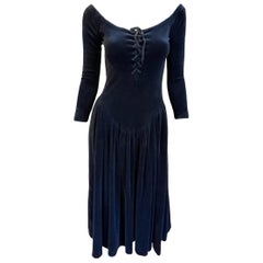 1980s Black Velvet Betsey Johnson Long Sleeve Dress 