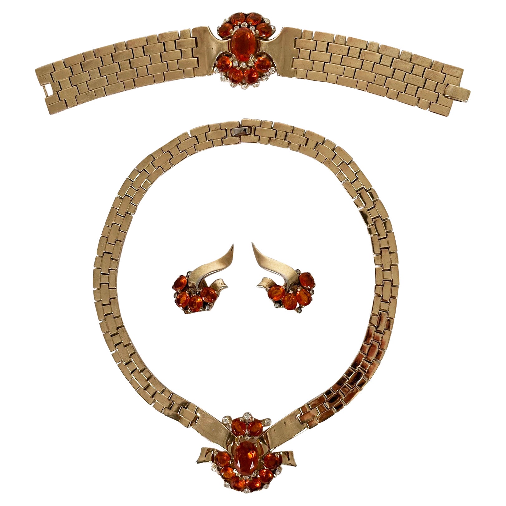 Crown Trifari Halskette-Armband-Ohrringe-Set entworfen von Alfred Philippe Vintage