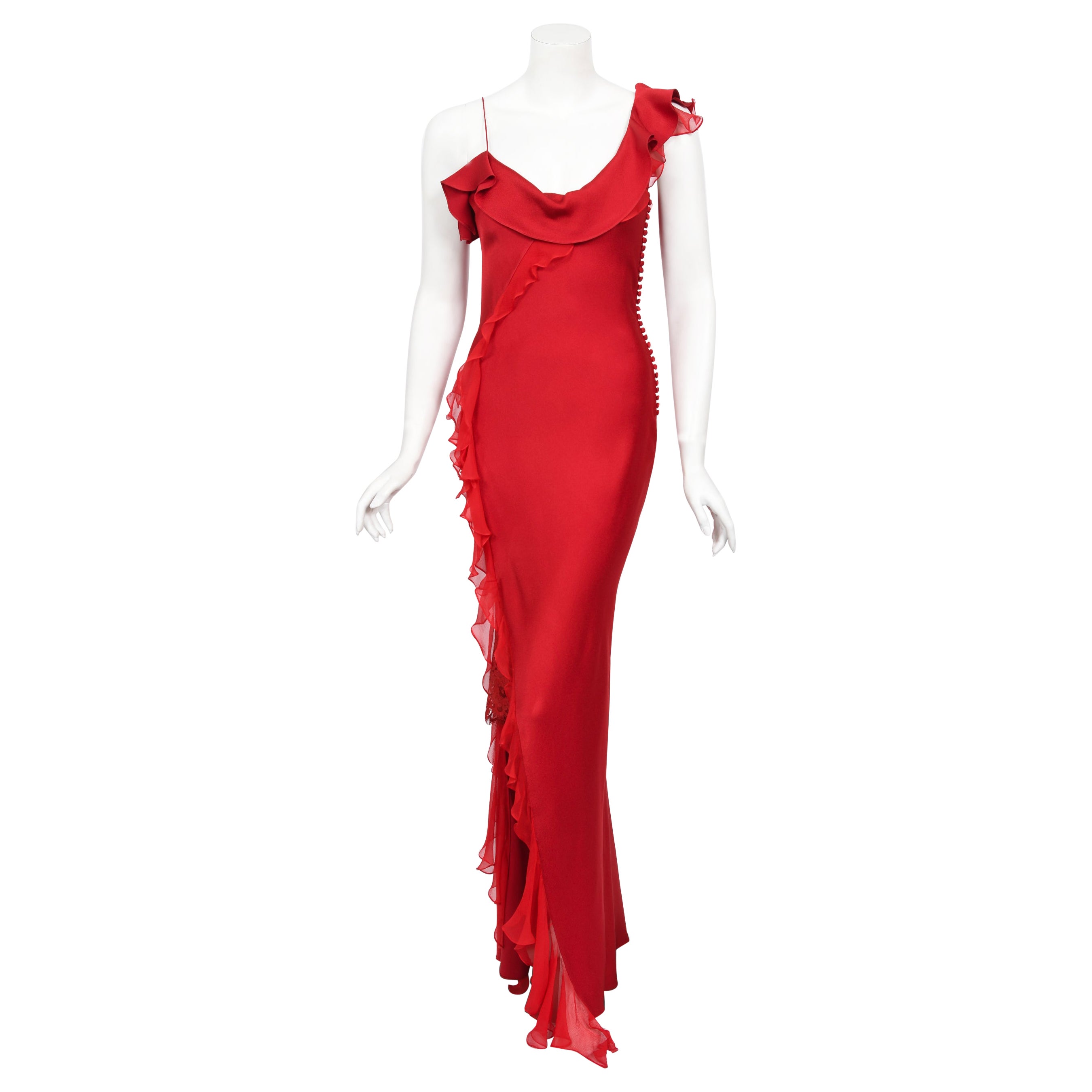 Vintage 2003 Christian Dior by John Galliano Ruby Red Silk Bias-Cut Ruffle Gown