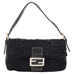 Fendi Black Selleria Leather and Astrakhan Fur Baguette Bag