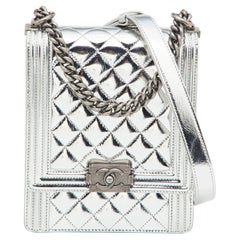 Chanel Silver Quilted Leather North South Boy Flap Bag