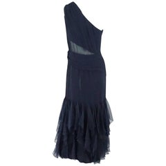Valentino Boutique Navy Silk Chiffon One Shoulder Gown, 1990s 