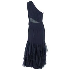 Valentino Boutique Navy Silk Chiffon One Shoulder Gown - 12 - 90's 7