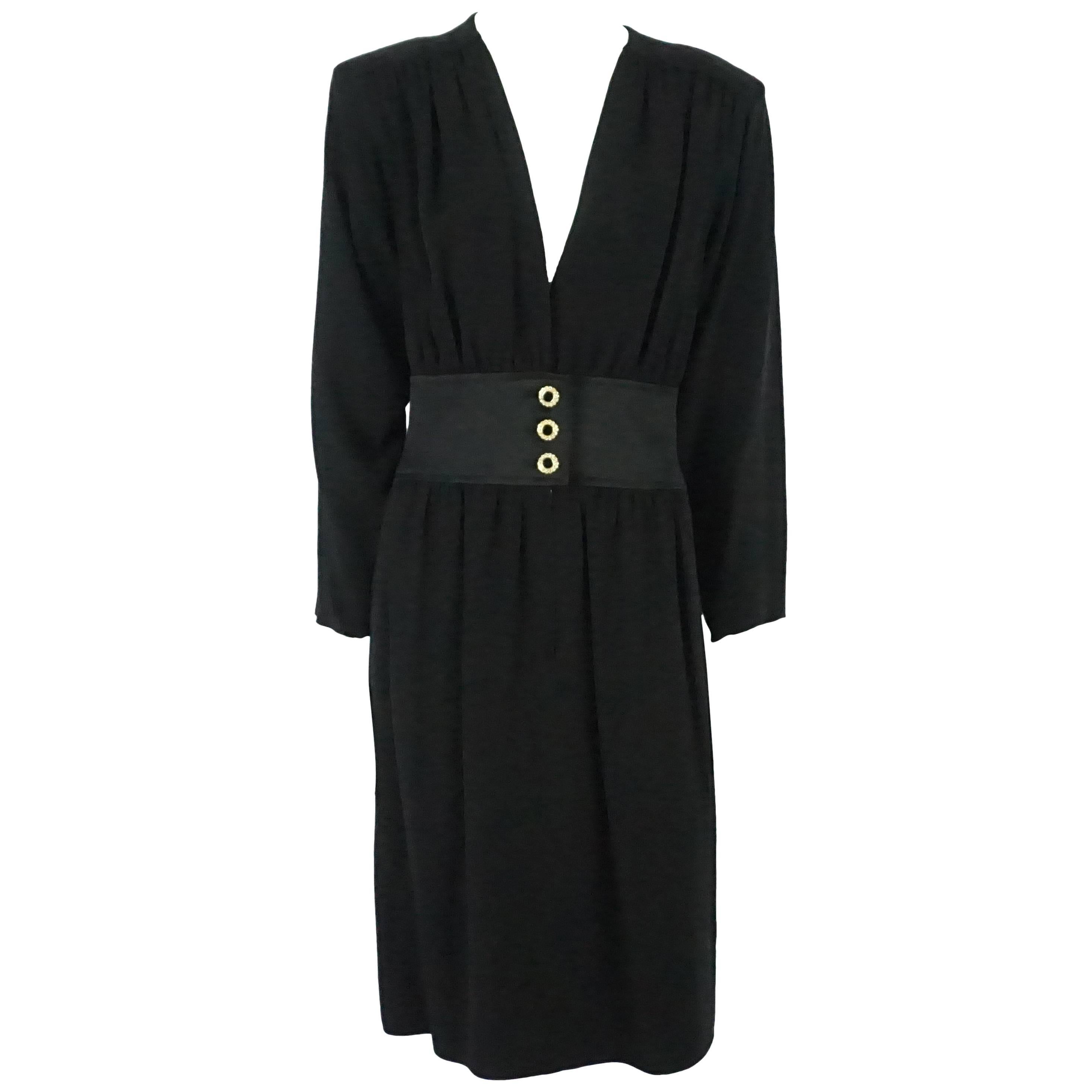 Yves Saint Laurent Black Wool Crepe Long Sleeve Dress-40-Circa 70's For Sale