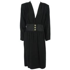 Vintage Yves Saint Laurent Black Wool Crepe Long Sleeve Dress-40-Circa 70's