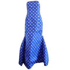 1980s Victor Costa Strapless Blue & White Polka Dot Mermaid Gown with Bolero