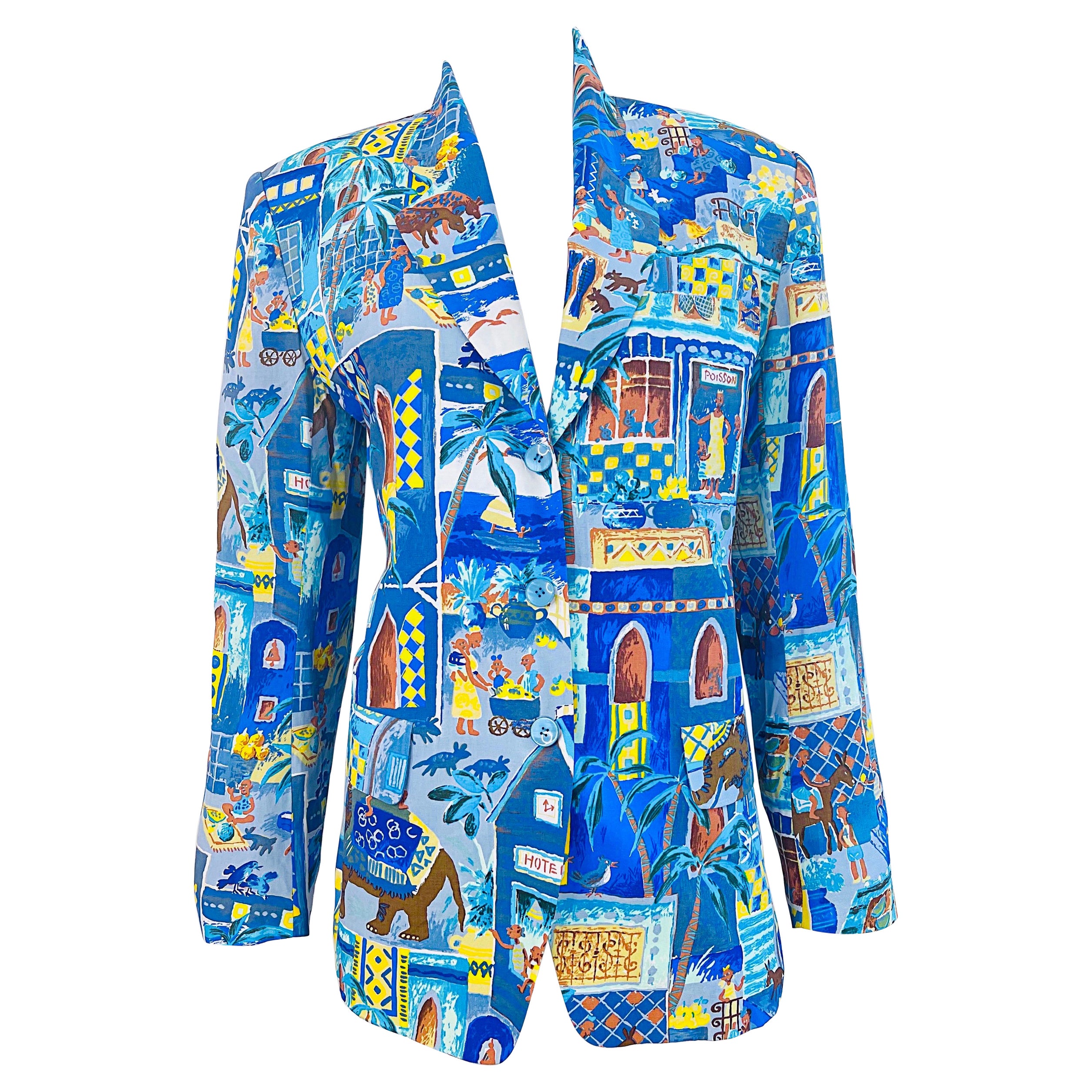 Kenzo Jungle 1990s Size 40 / 8 Blue Multicolor Vintage 90s Novelty Print Blazer  For Sale