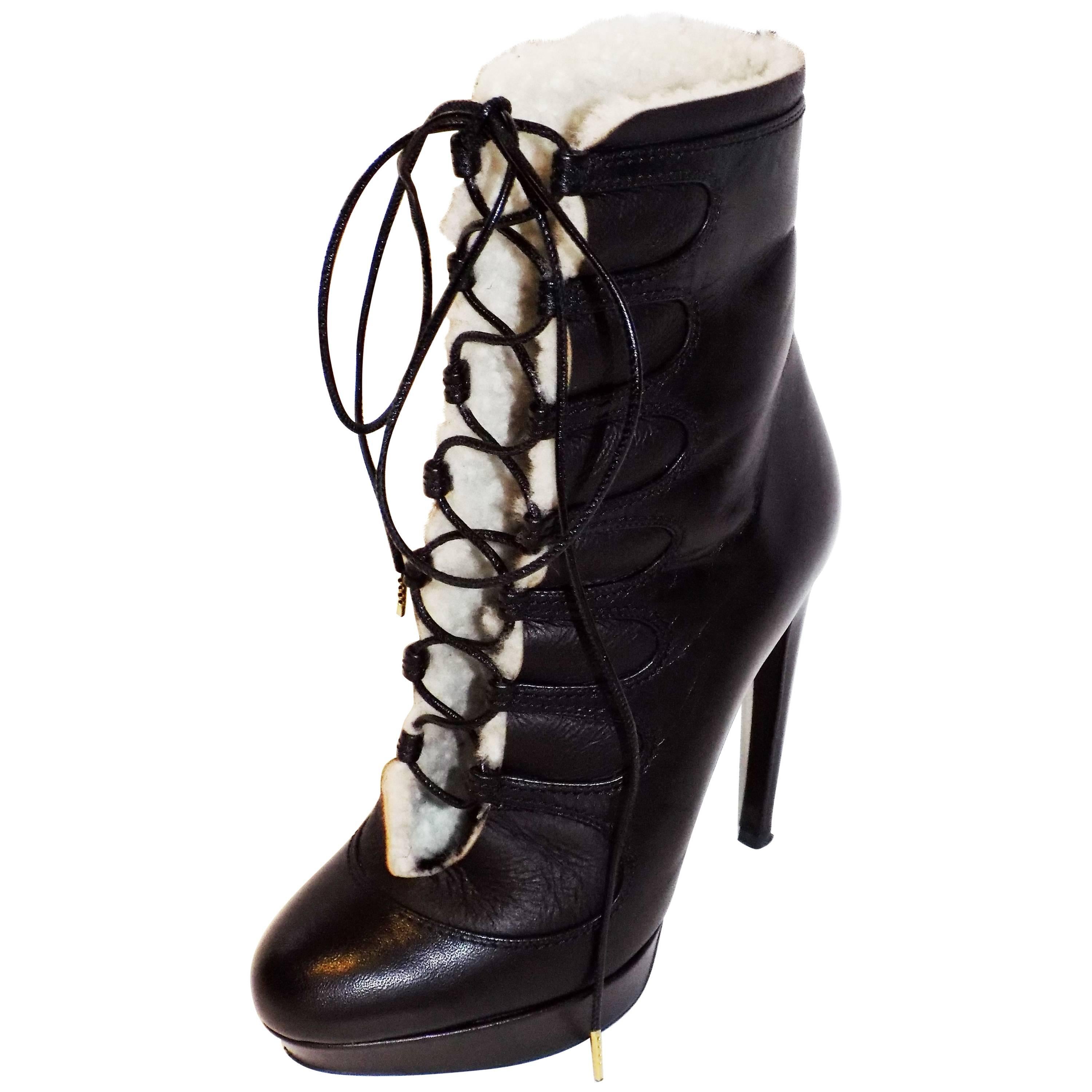 Alexander McQueen Leather Shearling Lace Up Platform  Boots  sz 36 For Sale