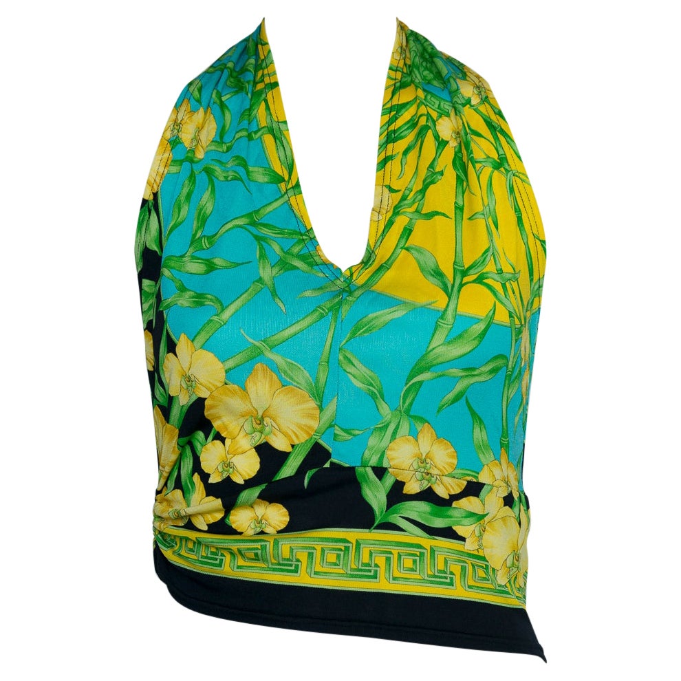 Gianni Versace Couture Top mit Neckholder mit Orchideen- und Medusa-Kopfdruck, F/S2000 im Angebot