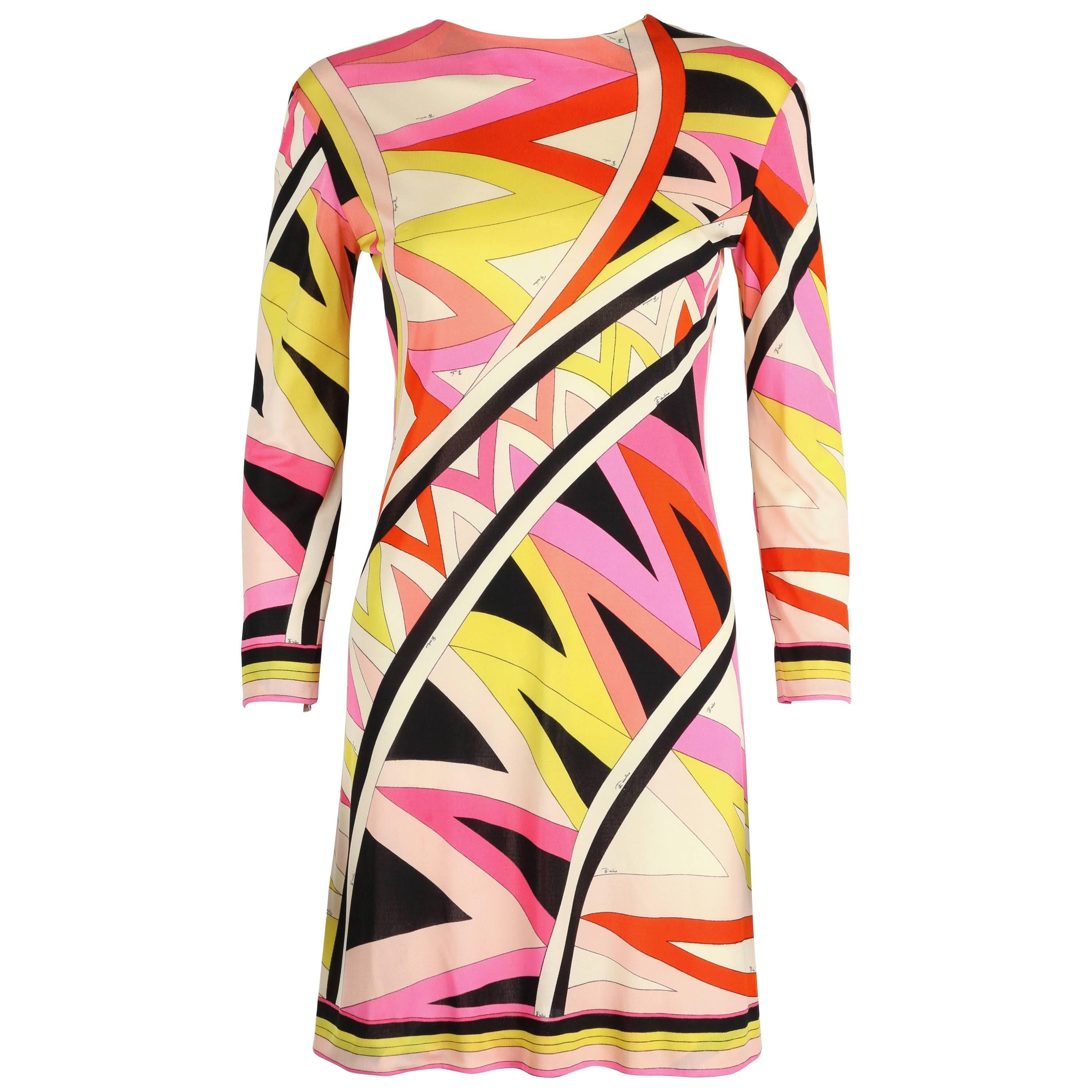 EMILIO PUCCI 1960s Multi-Color Zigzag Signature Print Silk Jersey Dress Size 10