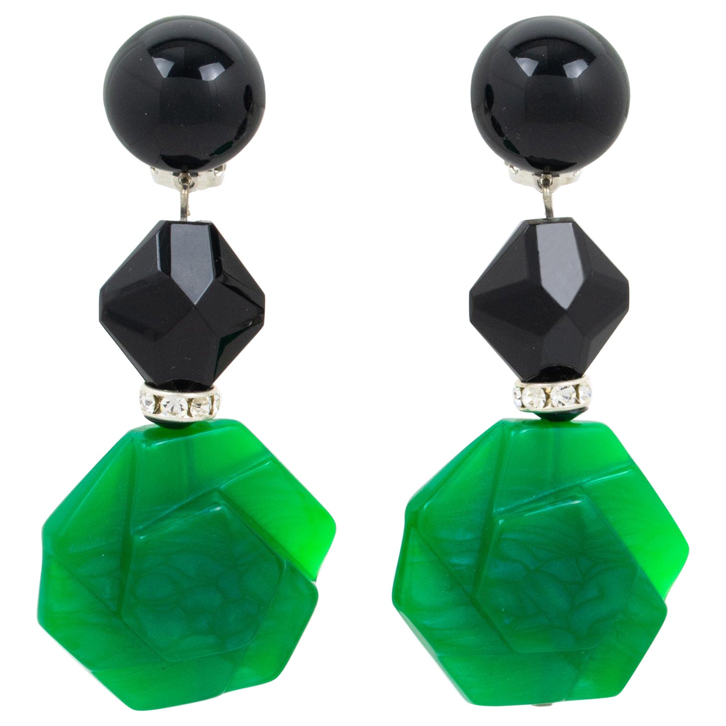 Angela Caputi Black and Emerald Green Dangle Resin Clip Earrings For Sale