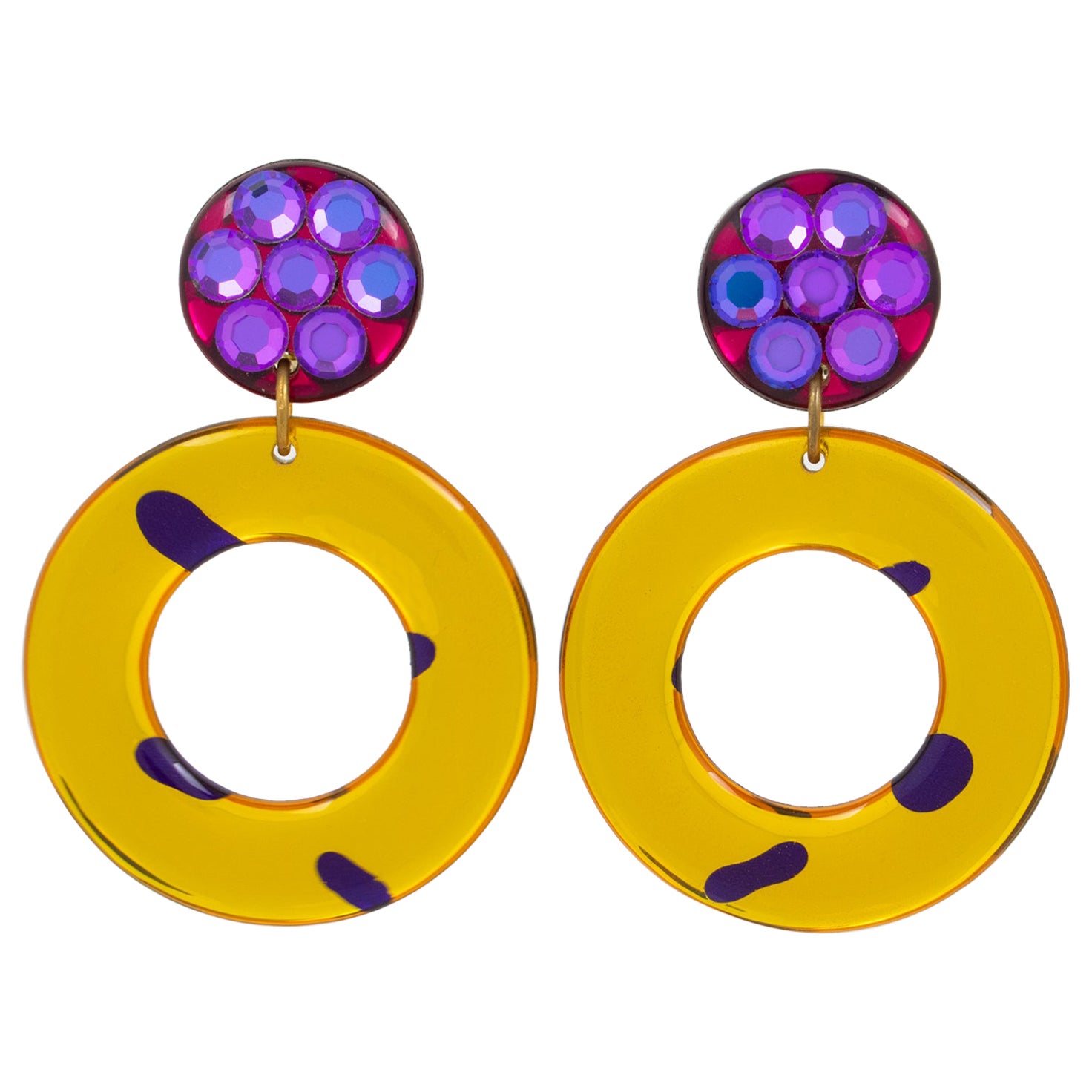 Pop Art Yellow and Purple Lucite Geometric Dangle Clip Earrings For Sale