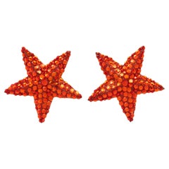 Vintage Richard Kerr Neon Orange Star Jeweled Clip Earrings