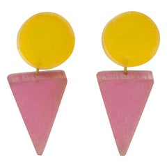 Kaso Lucite Dangle Clip Earrings Pink and Yellow Triangle